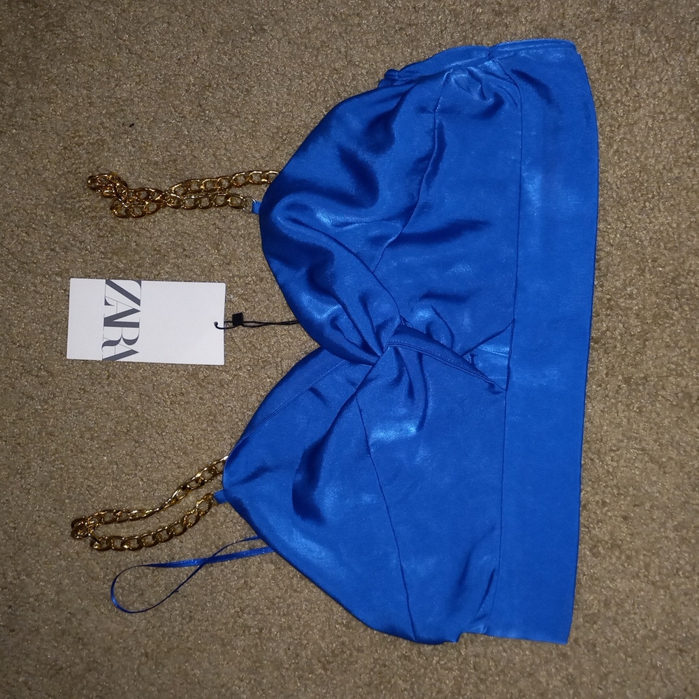 Blue crop top w/ gold chain straps| Brand: Zara| Size: Medium